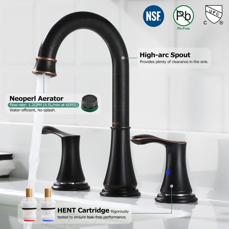 PARLOS Two-Handle High Arc Bathroom Faucet with Metal Pop Up Drain and cUPC Faucet Supply Lines Widespread 8 inch Deck Mounted,Oil Rubbed Bronze, Demeter 13652 - Image 2